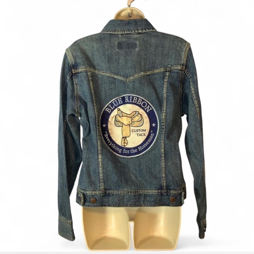 Cruel Girl Blue Denim Jacket blue ribbon custom tack embroidery size large NWT